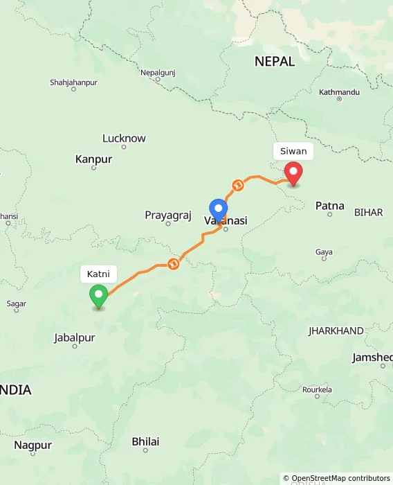 Route map showing distance and travel time from Katni, India to Siwan, India