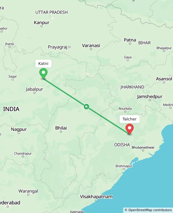 Route map showing distance and travel time from Katni, India to Talcher, India