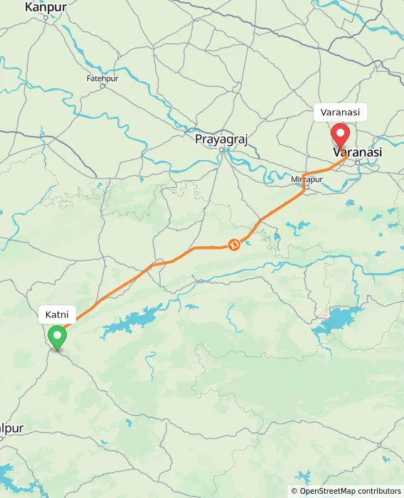 Route map showing distance and travel time from Katni, India to Varanasi, India