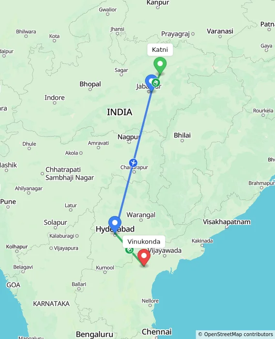 Route map showing distance and travel time from Katni, India to Vinukonda, India