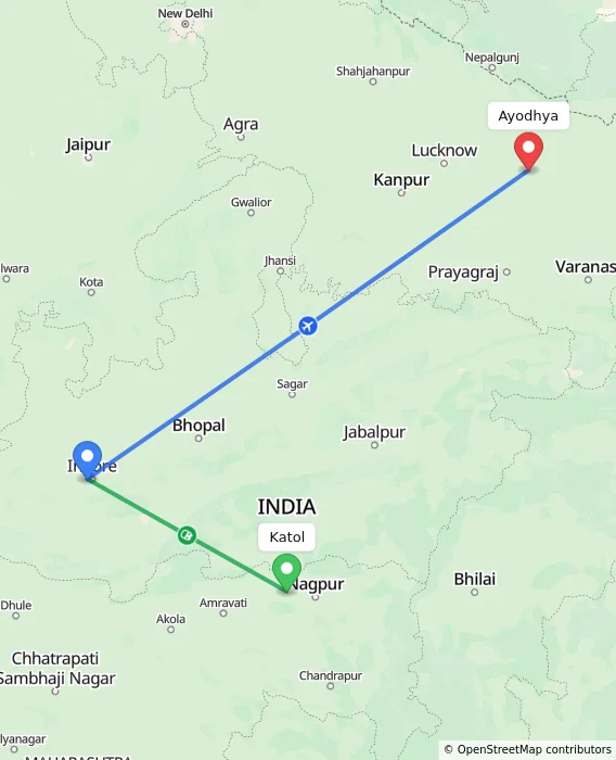 Route map showing distance and travel time from Katol, India to Ayodhya, India