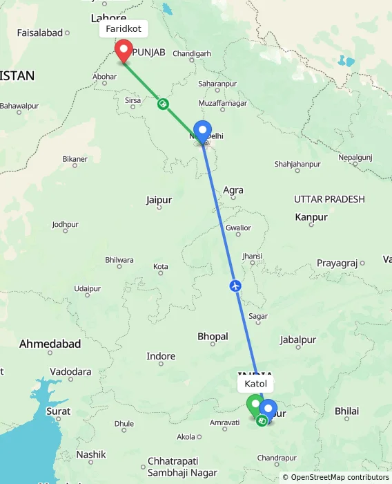 Route map showing distance and travel time from Katol, India to Faridkot, India