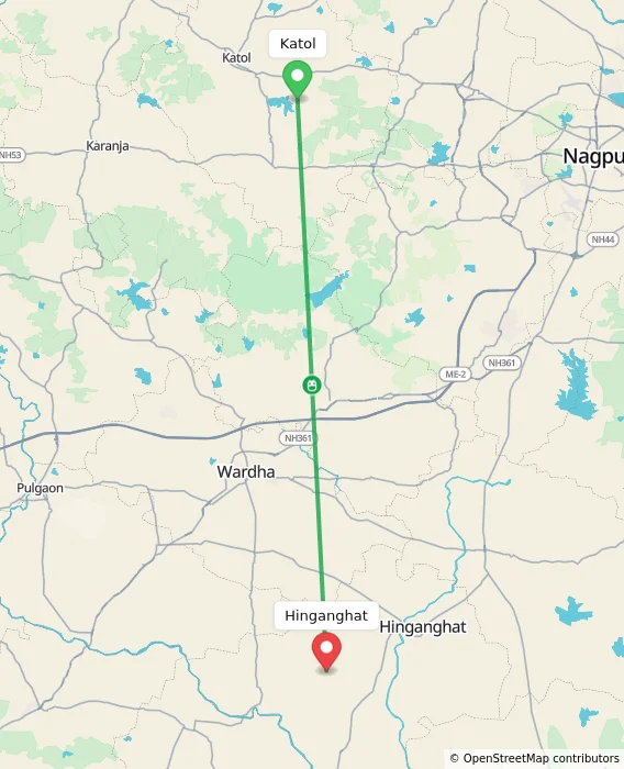 Route map showing distance and travel time from Katol, India to Hinganghat, India