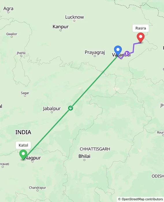 Route map showing distance and travel time from Katol, India to Rasra, India