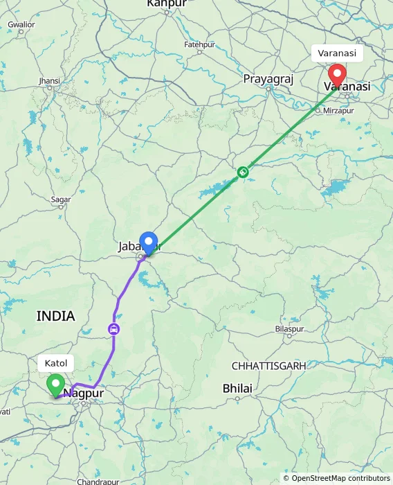 Route map showing distance and travel time from Katol, India to Varanasi, India