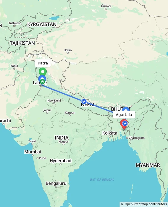 Route map showing distance and travel time from Katra, India to Agartala, India