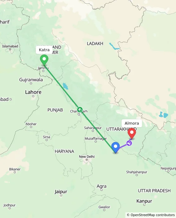 Route map showing distance and travel time from Katra, India to Almora, India