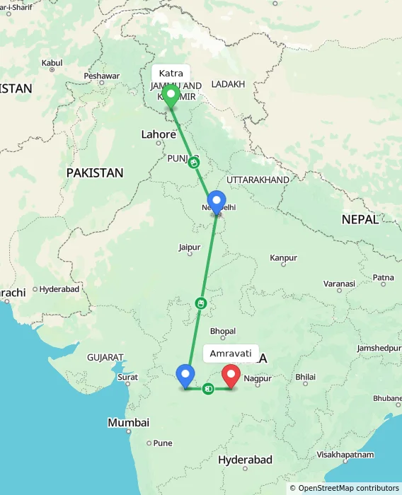 Route map showing distance and travel time from Katra, India to Amravati, India