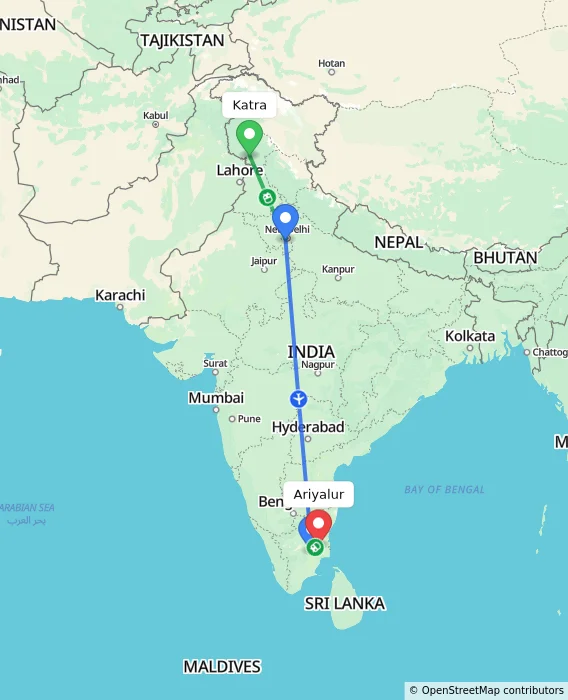 Route map showing distance and travel time from Katra, India to Ariyalur, India