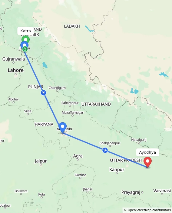 Route map showing distance and travel time from Katra, India to Ayodhya, India
