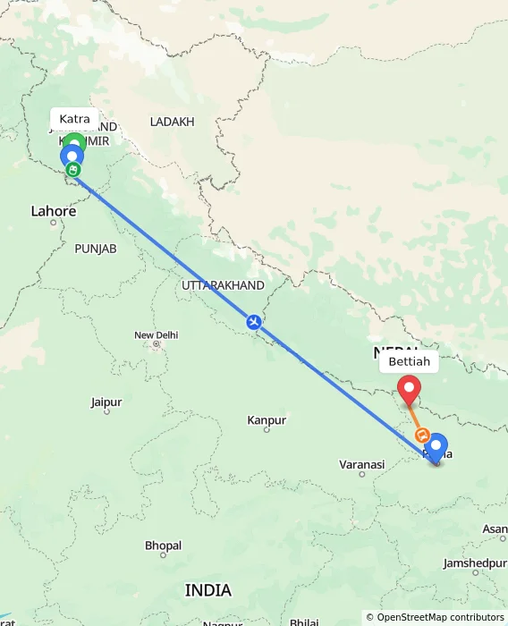 Route map showing distance and travel time from Katra, India to Bettiah, India