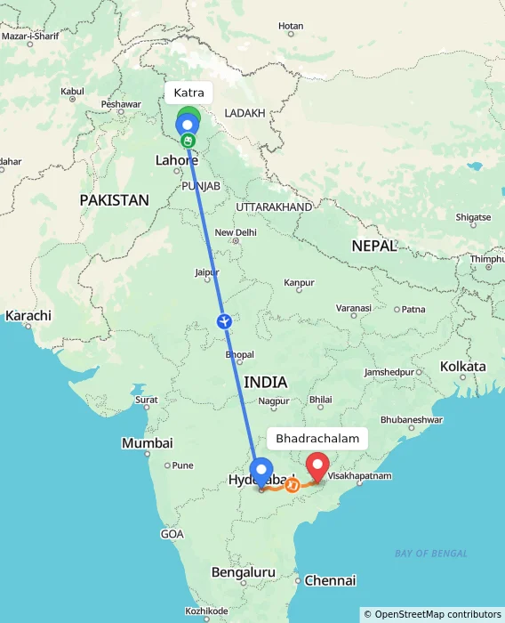 Route map showing distance and travel time from Katra, India to Bhadrachalam, India