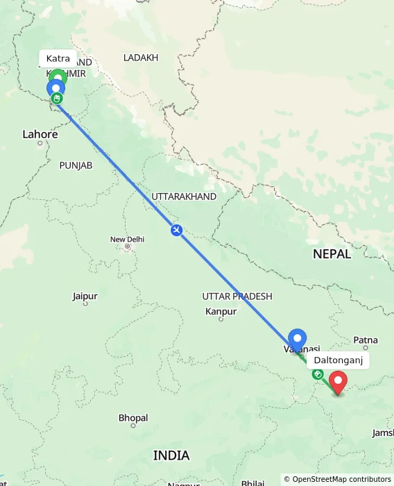 Route map showing distance and travel time from Katra, India to Daltonganj, India