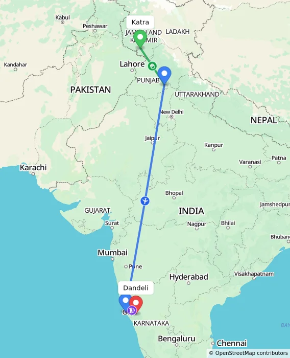Route map showing distance and travel time from Katra, India to Dandeli, India