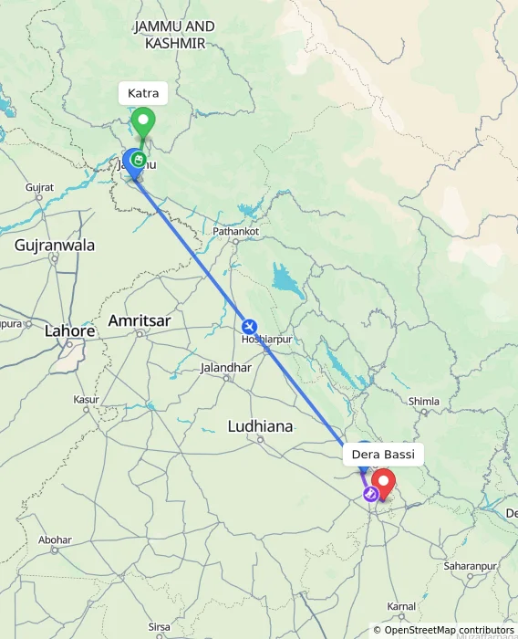 Route map showing distance and travel time from Katra, India to Dera Bassi, India
