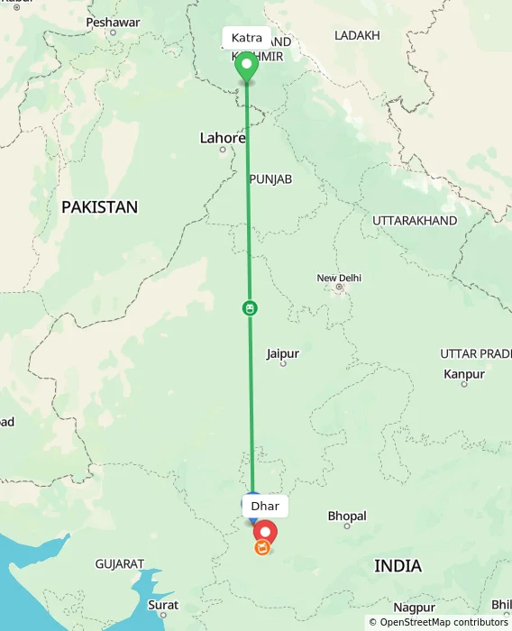 Route map showing distance and travel time from Katra, India to Dhar, India