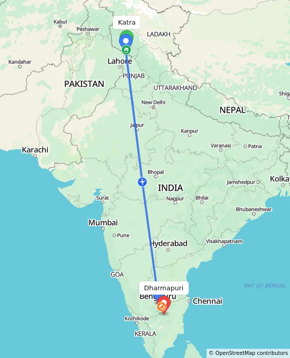 Route map showing distance and travel time from Katra, India to Dharmapuri, India