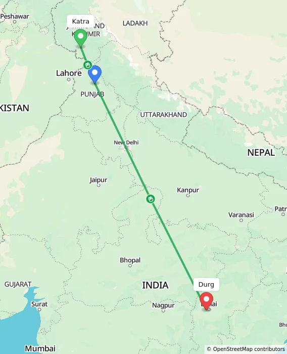 Route map showing distance and travel time from Katra, India to Durg, India