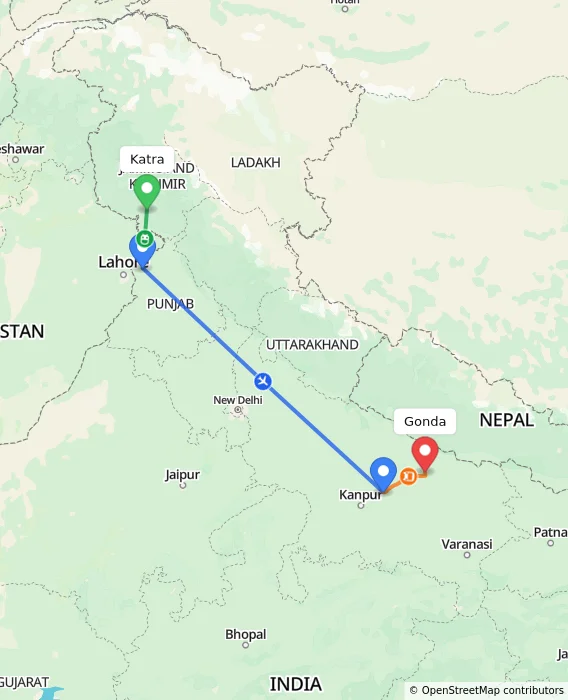 Route map showing distance and travel time from Katra, India to Gonda, India