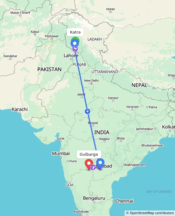 Route map showing distance and travel time from Katra, India to Gulbarga, India