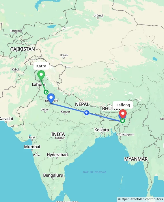 Route map showing distance and travel time from Katra, India to Haflong, India