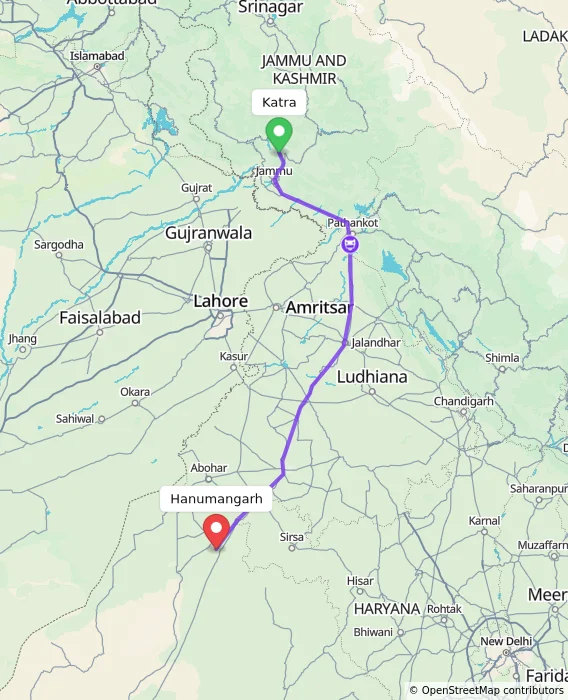 Route map showing distance and travel time from Katra, India to Hanumangarh, India