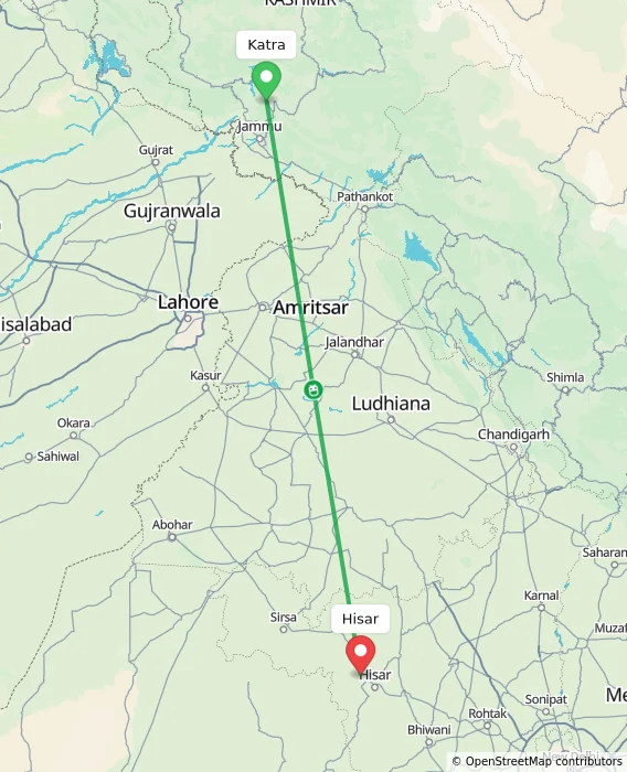 Route map showing distance and travel time from Katra, India to Hisar, India