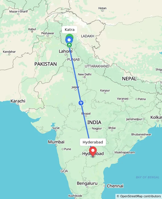 Route map showing distance and travel time from Katra, India to Hyderabad, India