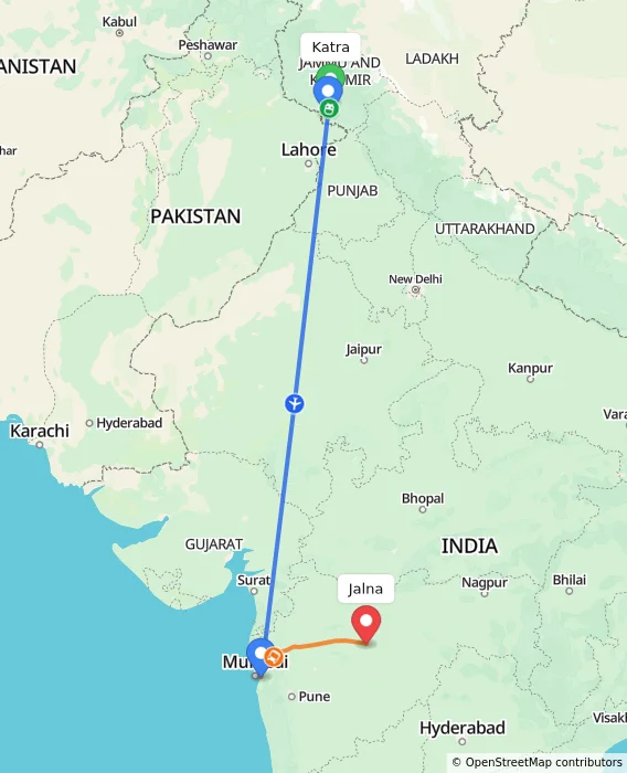Route map showing distance and travel time from Katra, India to Jalna, India