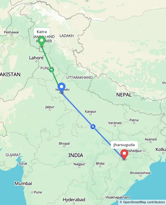 Route map showing distance and travel time from Katra, India to Jharsuguda, India
