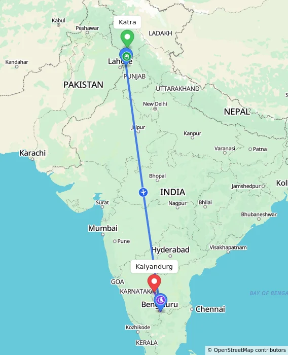 Route map showing distance and travel time from Katra, India to Kalyandurg, India