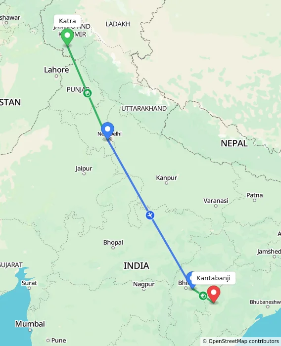 Route map showing distance and travel time from Katra, India to Kantabanji, India