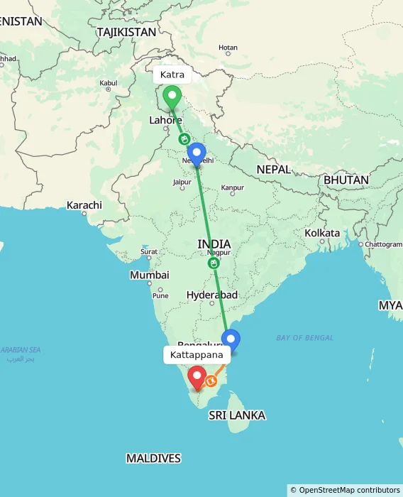 Route map showing distance and travel time from Katra, India to Kattappana, India
