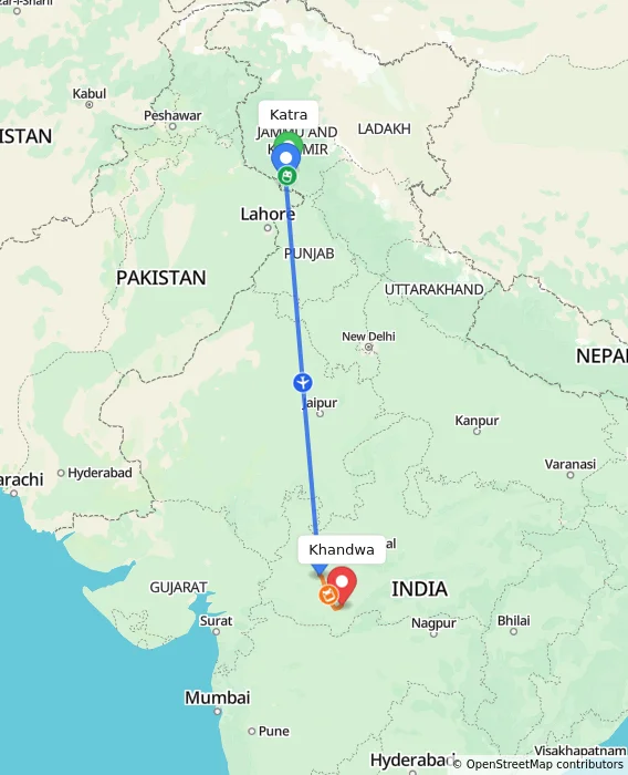 Route map showing distance and travel time from Katra, India to Khandwa, India