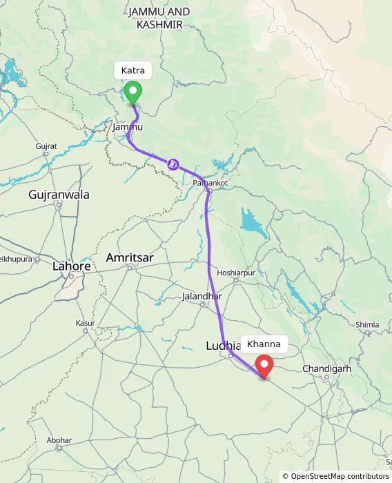 Route map showing distance and travel time from Katra, India to Khanna, India