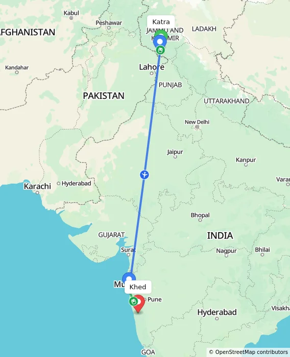 Route map showing distance and travel time from Katra, India to Khed, India