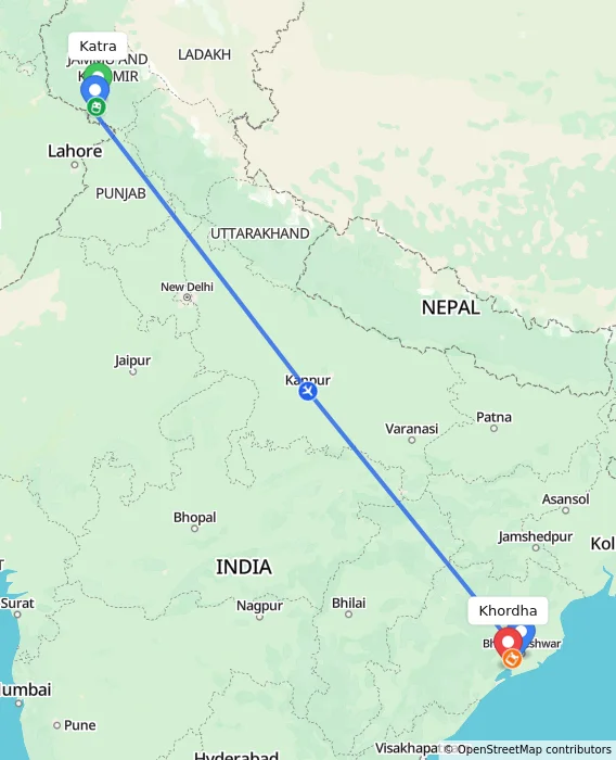 Route map showing distance and travel time from Katra, India to Khordha, India