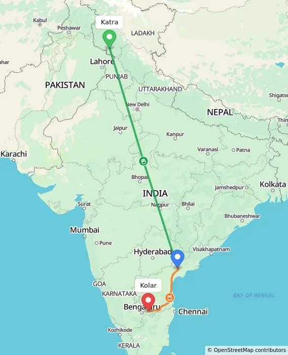 Route map showing distance and travel time from Katra, India to Kolar, India
