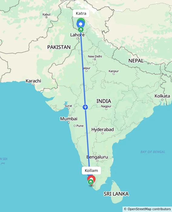 Route map showing distance and travel time from Katra, India to Kollam, India