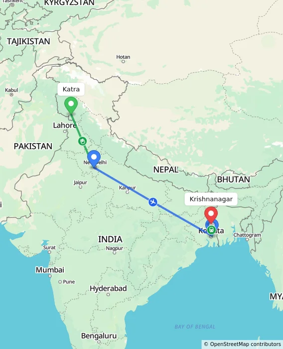 Route map showing distance and travel time from Katra, India to Krishnanagar, India