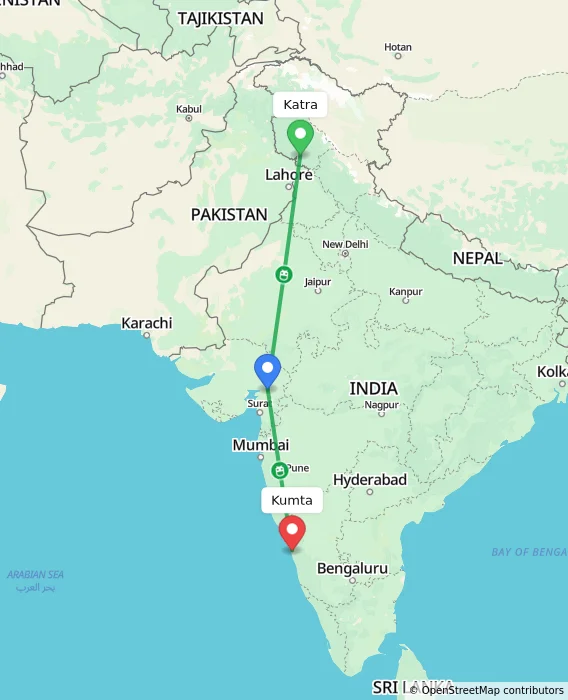 Route map showing distance and travel time from Katra, India to Kumta, India