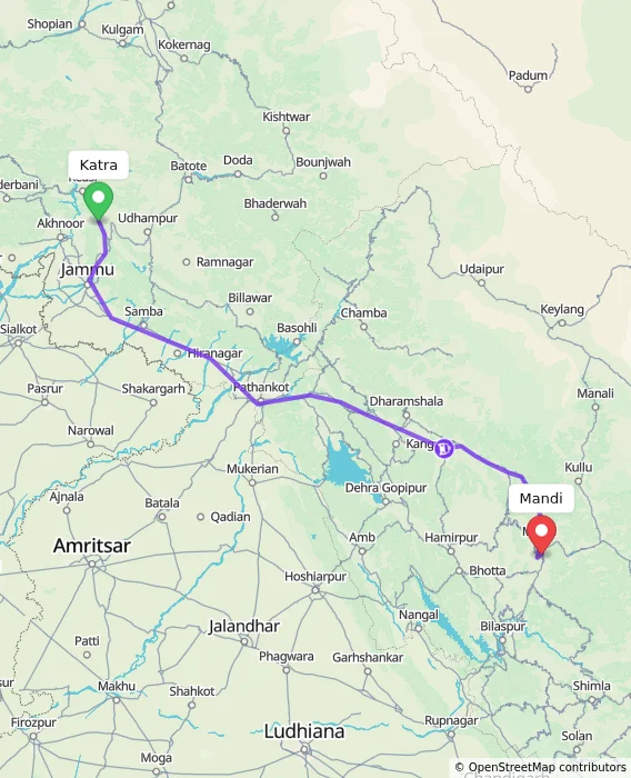 Route map showing distance and travel time from Katra, India to Mandi, India