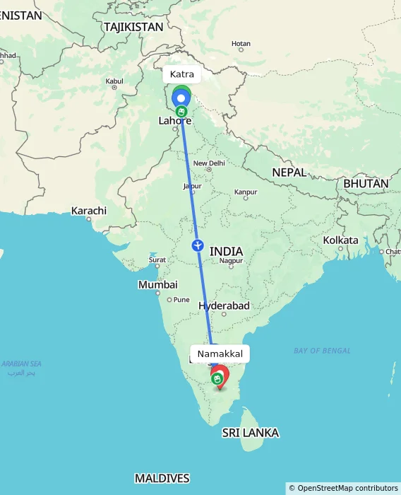Route map showing distance and travel time from Katra, India to Namakkal, India