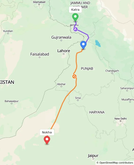 Route map showing distance and travel time from Katra, India to Nokha, India