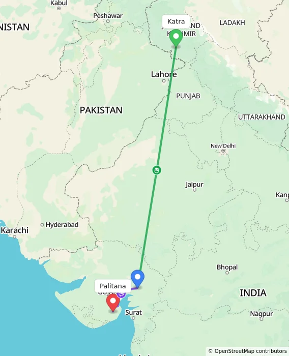 Route map showing distance and travel time from Katra, India to Palitana, India