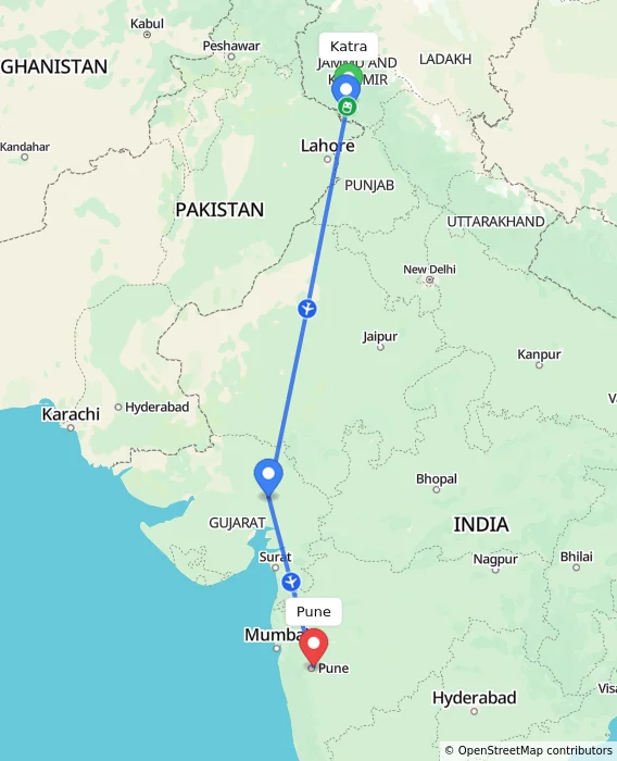 Route map showing distance and travel time from Katra, India to Pune, India