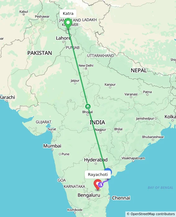 Route map showing distance and travel time from Katra, India to Rayachoti, India