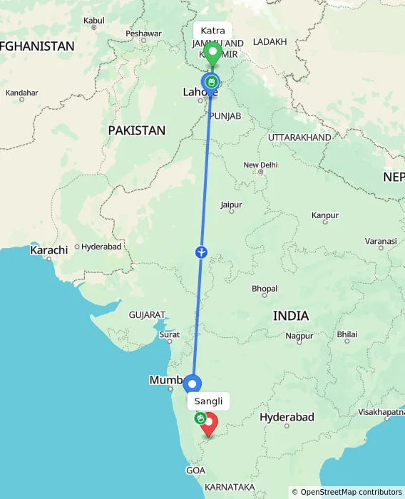 Route map showing distance and travel time from Katra, India to Sangli, India