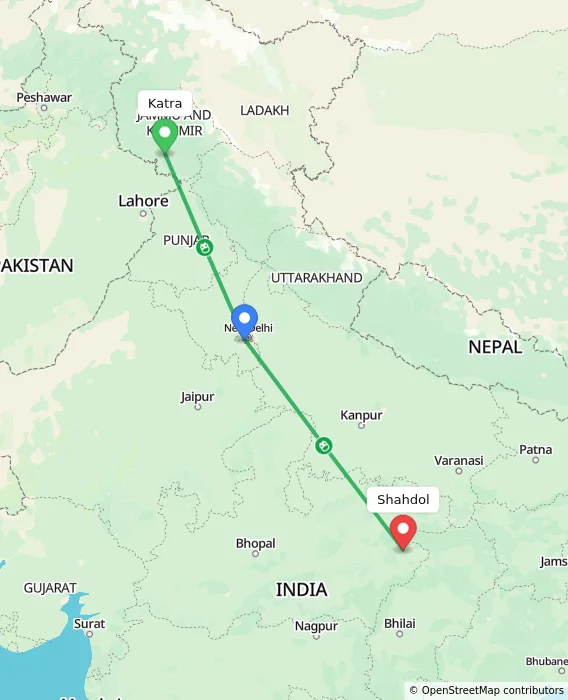 Route map showing distance and travel time from Katra, India to Shahdol, India