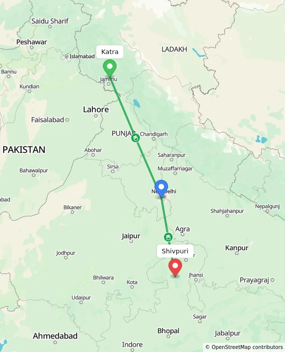 Route map showing distance and travel time from Katra, India to Shivpuri, India